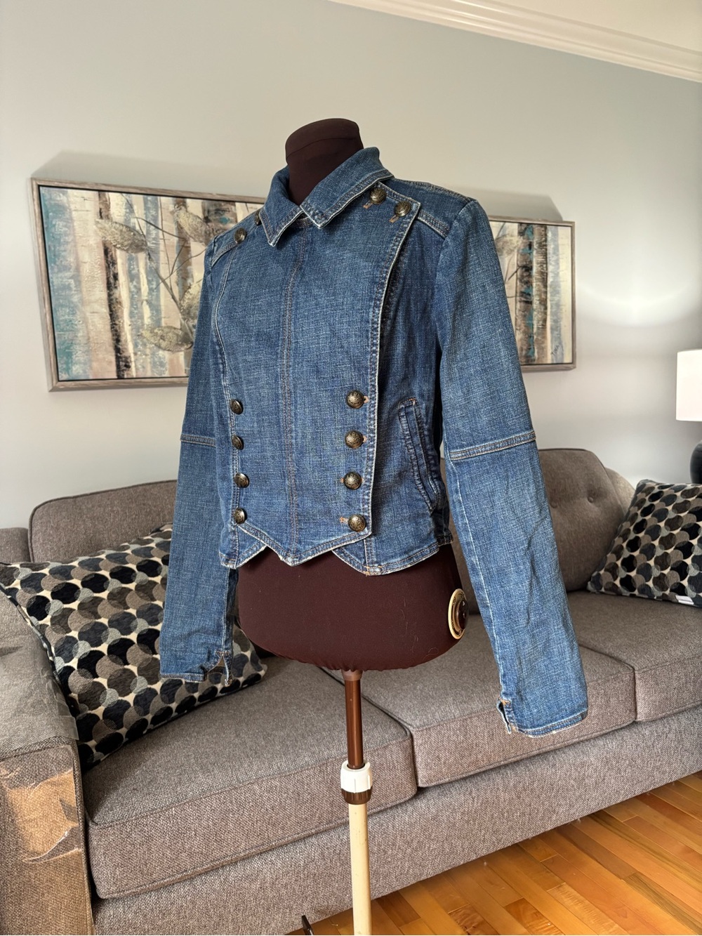 Free People Blue Military-Inspired Denim Jacket with Brass Buttons
